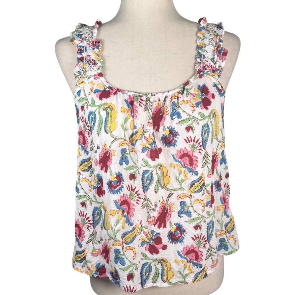 Xirena Floral Tank Top Womens Size S‎ White Cotton Gauze Boho Ruffle Strap Beach